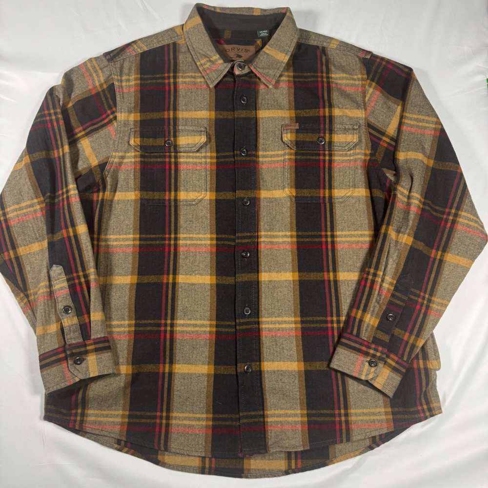 Orvis Classic Collection Flannel Shirt Mens XXL Brown Plaid Herringbone Thick - Picture 3 of 7